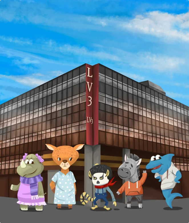 LV3のブランドキャラクターたち — LV3の社屋の前に集まった動物のマスコット。