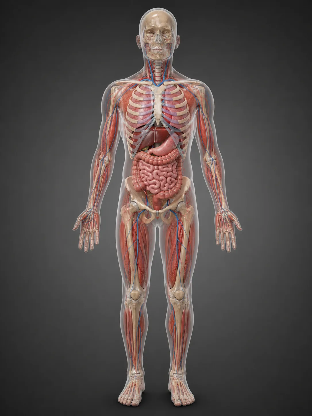 人体の3D解剖ビュー — 治療領域が身体部位にマッピングされている