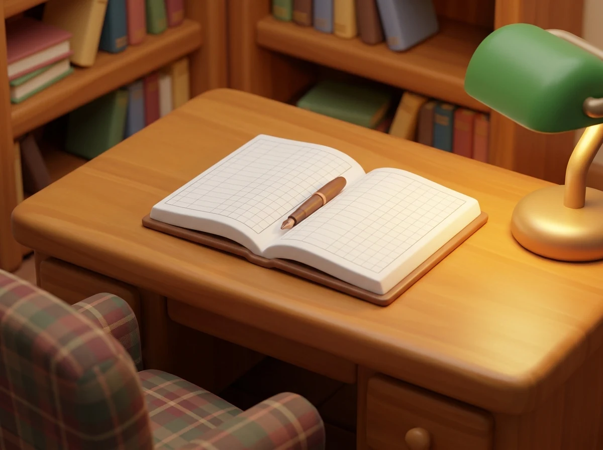 図書館の机に開かれた本があり、そのページに構造化テーブルのグリッドが描かれ、セルにファイル添付がクリップされ、書きかけの鉛筆が宙に浮き、「+」印の黄色い付箋が作成中のワークブックを思わせる。