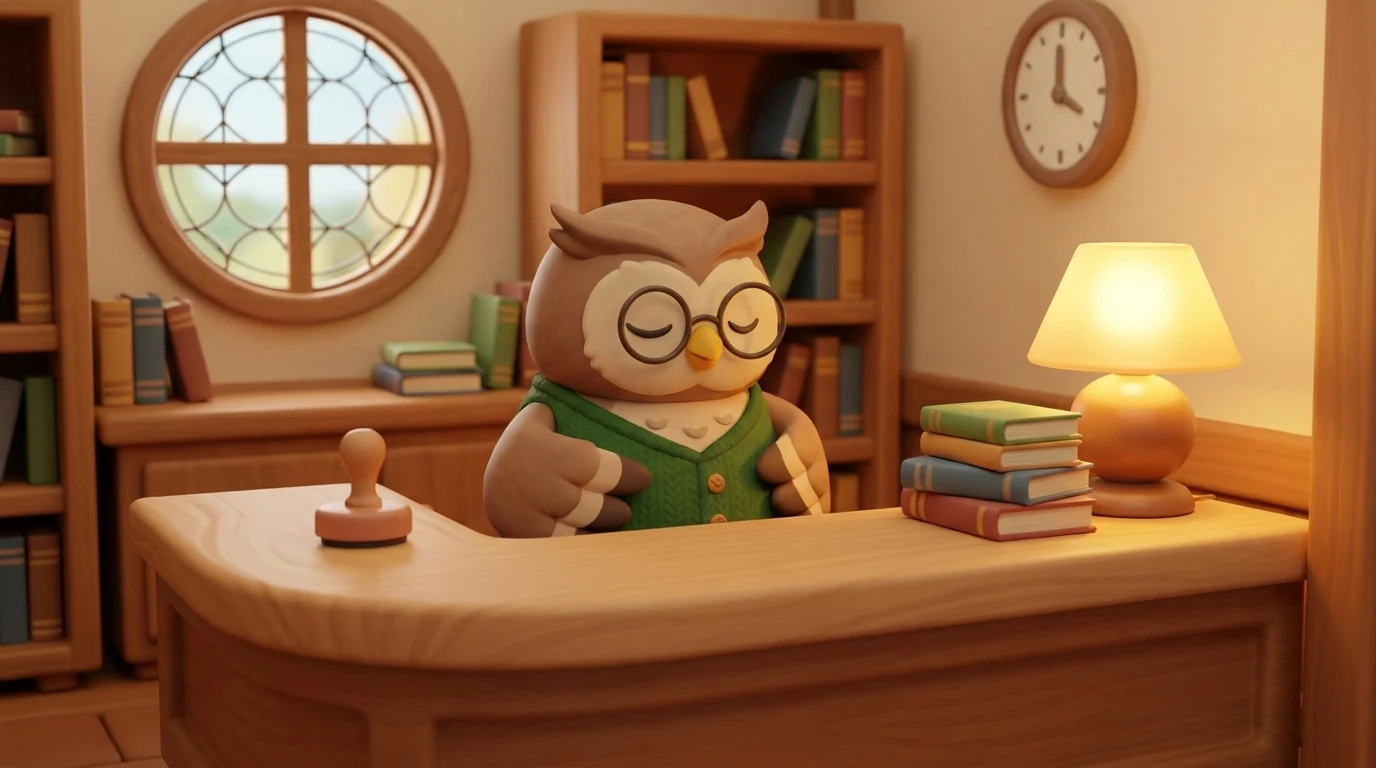 目録管理人のふくろう、Merry Owl が「セルフチェックアウトをご利用ください」の札を出したまま、木製の司書カウンターで居眠りしている様子