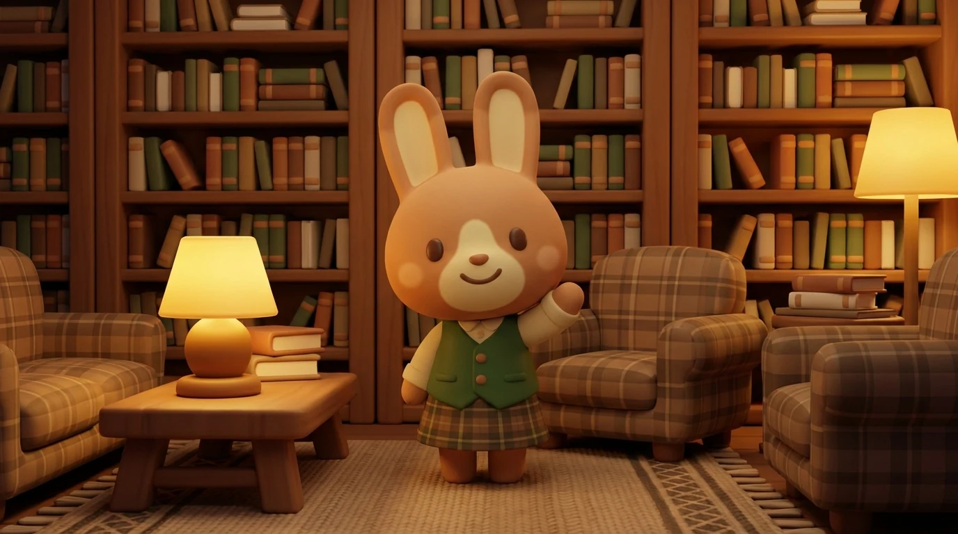 The Merry Owl Library の来館者、うさぎのマリアが挨拶に手を振っている様子