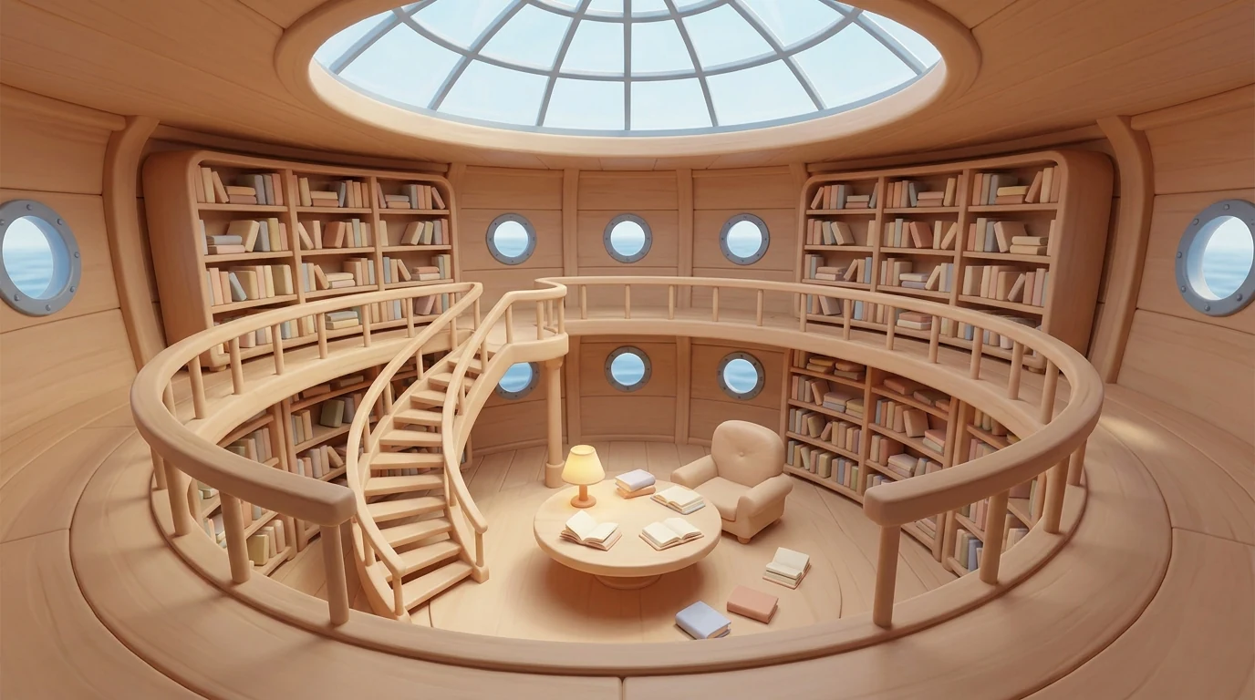 The Merry Owl Library の内部。木造船の中にある、複数階層の書架が並ぶドーム状の部屋